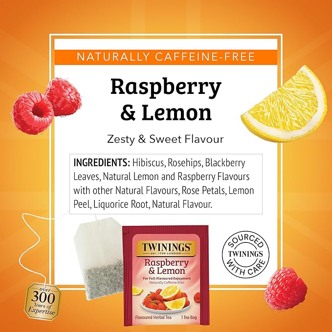 Twinings Raspberry & Lemon Herbal Tea Individually Wrapped Bags, 20 Count (Pack of 6), Fruity & Zesty, Naturally Caffeine-Free, Enjoy Hot or Iced, 120 Teabags