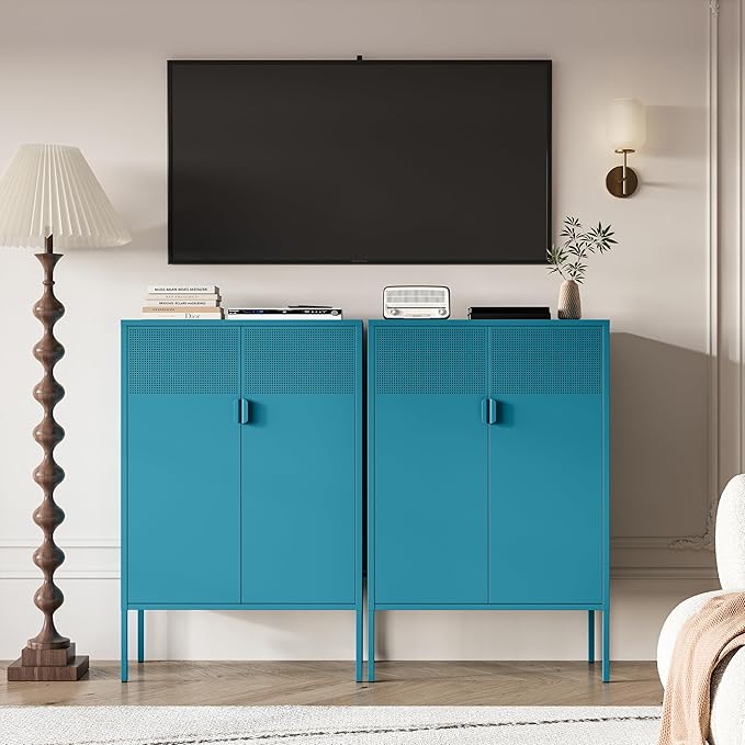 Metal Storage Cabinet,Kitchen Pantry Storage Cabinets with Doors,Buffet Cabinet with 2 Adjustable Shelves,Blue Pantry Cabinets,Steel Sideboard for Home,Shoes,Office,Dining Room