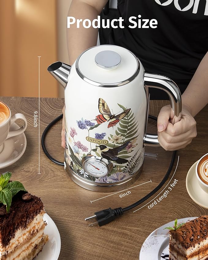 INFOOD Retro Electric Kettle 1.8L/60.8oz with Thermometer - 1200W Fast Boiling Stainless Steel Tea Kettle with Water Level, BPA-Free, Auto Shut-Off, Boil-Dry Protection, Vintage Floral Design