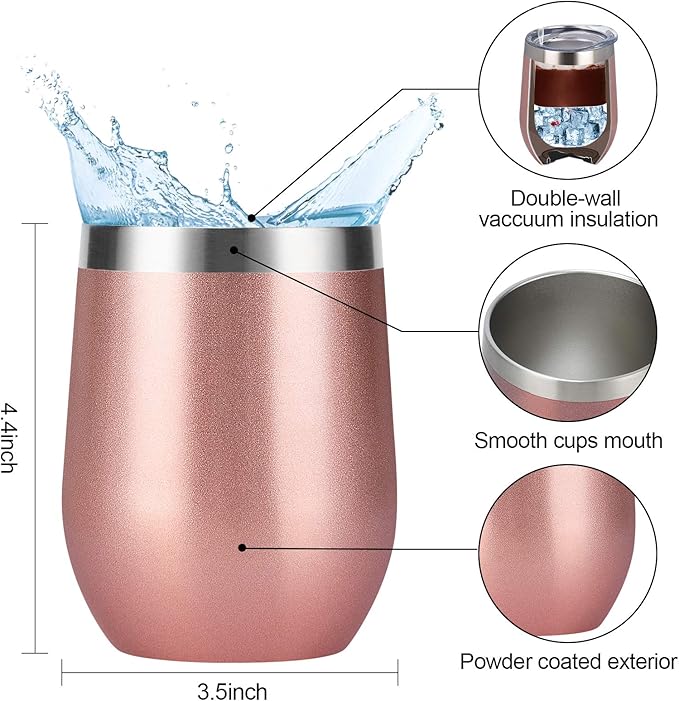 6 Pack Stainless Steel Wine Tumblers, 12Oz Insulated Wine Tumbler, Double Wall Insulated Wine Glass, Stainless Steel Stemless Wine Cups with Lids for Coffee, Wine, Cocktails, Champaign, Rose Gold…