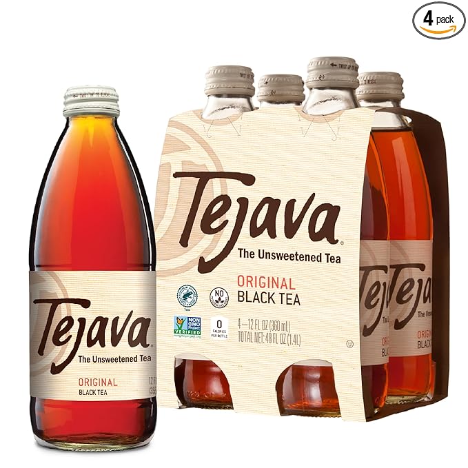 Tejava Original Unsweetened Black Iced Tea, 4 Pack, 12oz Glass Bottles, Non-GMO, Kosher, No Sugar or Sweeteners, No calories, No Preservatives, Brewed in Small Batches