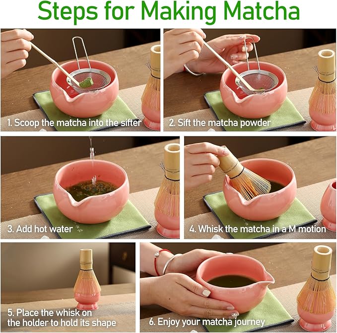 Matcha Whisk Set, Ceramic Matcha Bowl with Spout, Bamboo Whisk, Scoop, Sifter, Holder, Tea Towel, 7-Piece Matcha Kit Set for Making Breakfast/Latte, Round Pink, Large