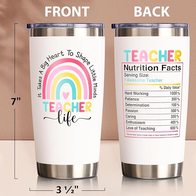Teacher Gifts for Women, Christmas Appreciation Gift for Teacher, 20 OZ Tumbler Teachers Gifts from Student, Big Heart Insulated Cup Unique Graduation Thank You Retirement Birthday Gift for Teachers