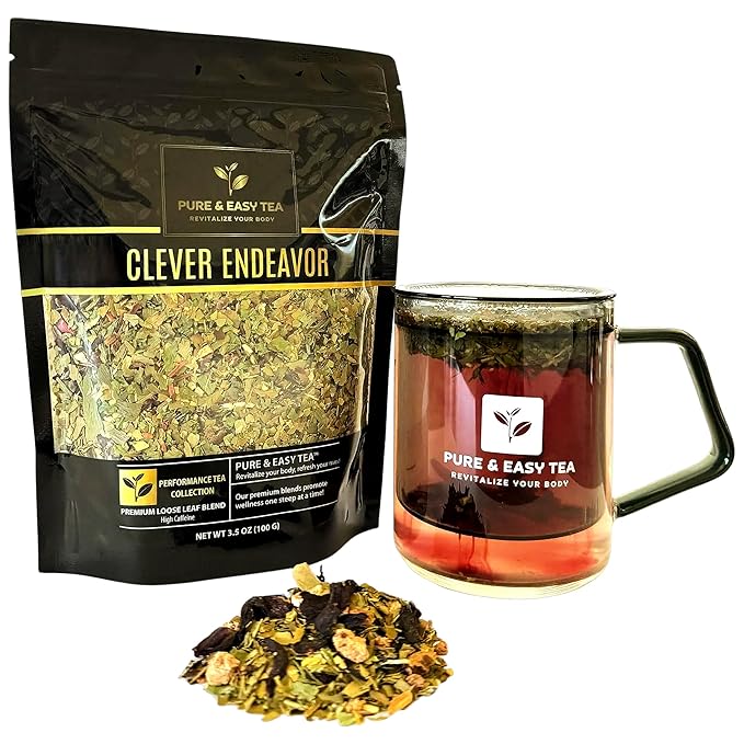 Pure And Easy Tea, Clever Endeavor, Mental Focus & Clarity Tea, Caffeinated Loose Leaf Blend with Ginkgo Biloba & Yerba Mate (100g)