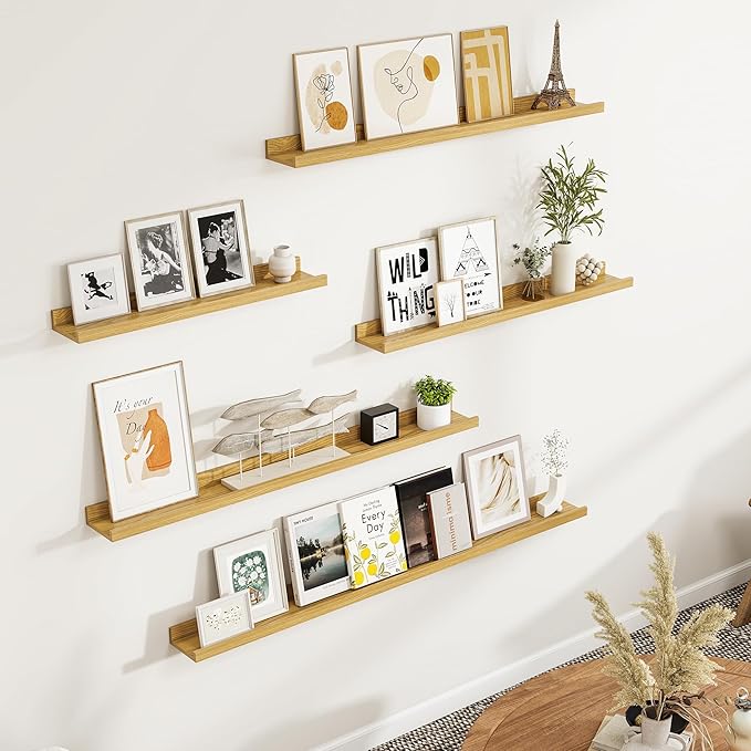 Fun Memories Picture Ledge Shelf, Floating Shelves Set of 4, 48 Inch Picture Shelves for Wall with Ledge, Large Nursery Book Shelf for Toys Storage, Living Room, Bedroom Decor Frames, Oak