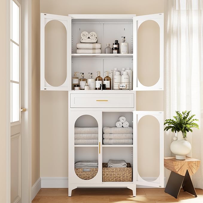 75" Tall Kitchen Pantry Cabinet,Metal Storage Cabinets with 4 Glass Doors and 1 Drawer,Freestanding Display Cupboard for Dining Room,Living Room,Hallway,Bathroom,White