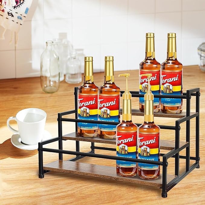 Klxuyuo 3-Tier Coffee Syrup Rack for 15 Bottles (750ml) –Sturdy Coffee Syrup Organizer for Bar, Kitchen, Café, Office