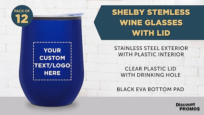 Custom Stemless Wine Tumblers 12 oz. Set of 12, Personalized Bulk Pack - Insulated, Perfect for Wine, Cocktails, Other Hot & Cold Beverages - Blue