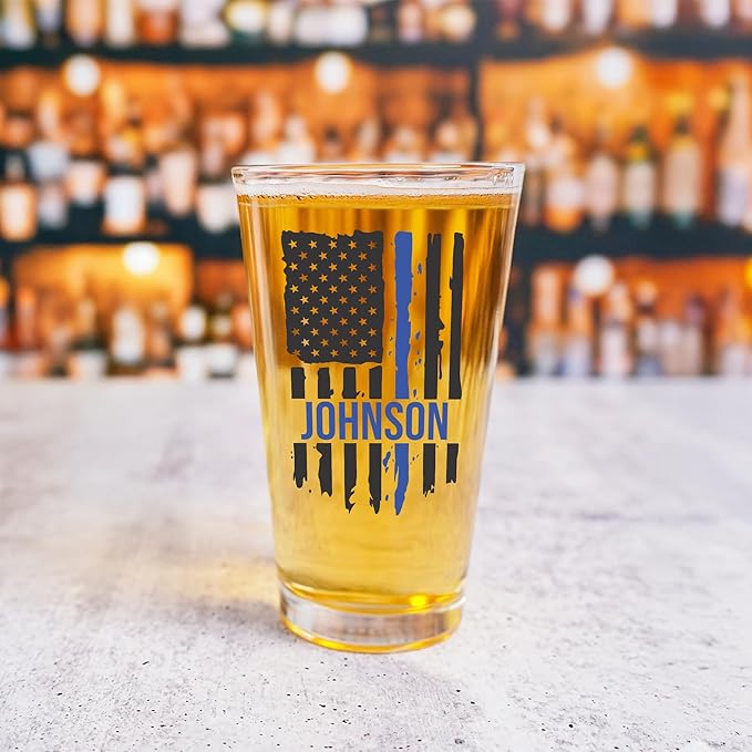 Blue Ridge Mountain Gifts - Thin Blue Line Pint Glass - Personalized Law Enforcement Glass, Police Officer Appreciation, Back the Blue, Police Academy Gift, First Responders Custom Glassware
