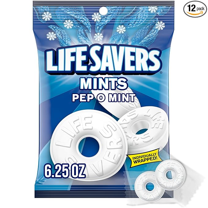 LIFE SAVERS Pep O Mint, Individually Wrapped Mints for Snacking, Sharing, Office Parties, and Pantry Stocking, 6.25 oz (12 Hard Candy Bags)