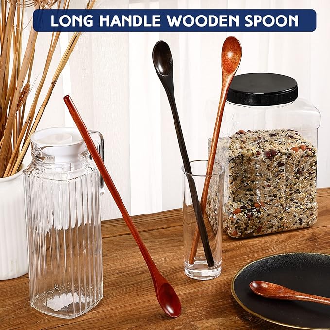 4 Pcs 13 Inch Long Handle Wooden Spoons for Cooking Long Handle Tasting Tea Spoon Wooden Utensils Vintage Stirrer for Kitchen Soup Coffee Cocktail Honey Mixing Stirring, 4 Colors