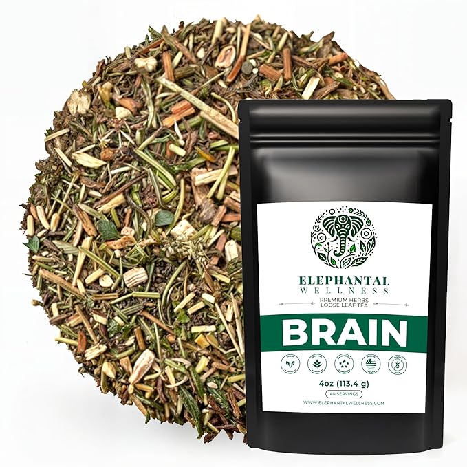 Elephantal Wellness Premium Brain Herbal Tea | Botanical Blend with Ginkgo, Bacopa, Ashwagandha & Gotu Kola | Handmade, Caffeine-Free, Non-GMO Loose Leaf Herbal Tea, 4oz Loose Leaf, 40 Servings