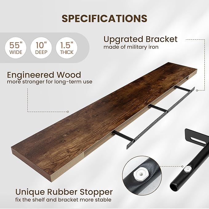 Fun Memories 55 Inch Fireplace Mentel Shelf, 10 Inch Deep Shelves for Display & Wall Storage, Rustic Wood Wall Shelf, Extra Long Floating Shelves for Living Room Laundry Room, Rustic Brown, Set of 1