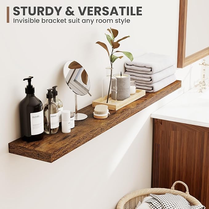 72 Inch Floating Shelves, 8 Inch Deep Floating Shelves for Wall, Hanging Shelf with Invisible Brackets, Deep Shelves for Bathroom, Bedroom, Living Room, Brown, Set of 1