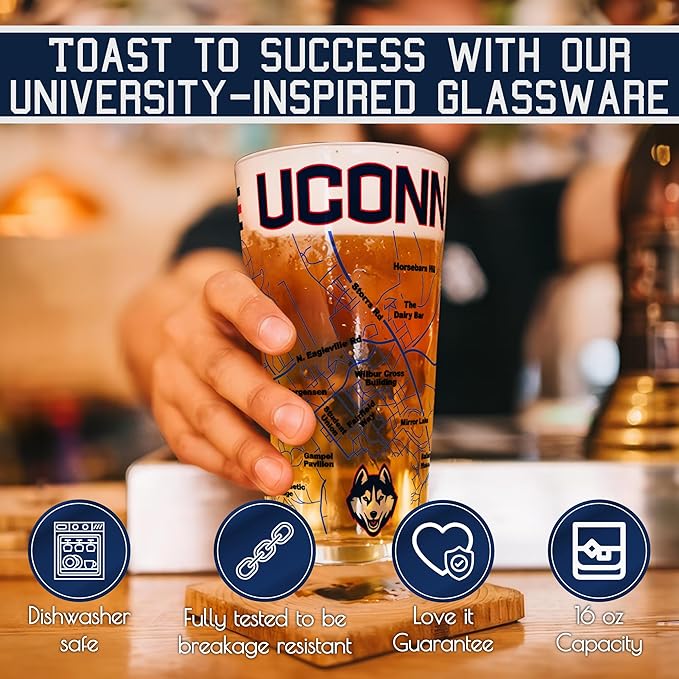 Greenline Goods – University of Connecticut Huskies College Pint Beer Glasses (Set of 2), 16 oz – Full-Color Logo + Campus Map