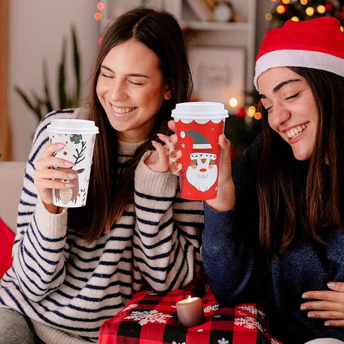 100 Pack 16 oz Christmas Coffee Cups with Lids, Disposable To Go Paper Coffee Cups for Hot/Cold Drinks Office Home Shop Event (Colorful)