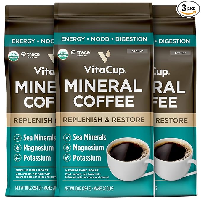 VitaCup Mineral Coffee with Trace Minerals, Hydrate, Replenish & Restore w/All Natural Sea Minerals, Electrolytes, Organic Coffee, Single Origin, Medium Dark Roast, Ground Coffee, 3 Bags 10oz Each