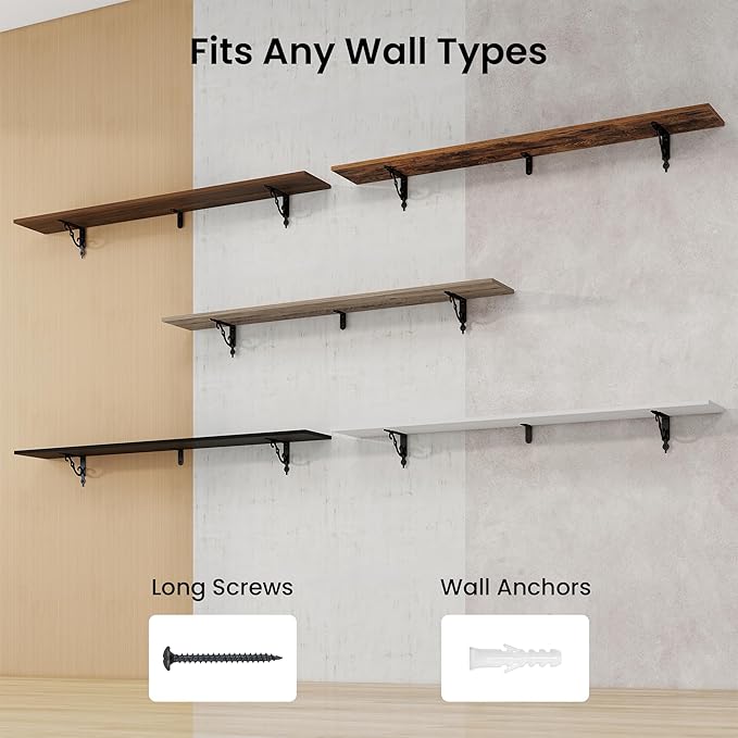 RICHFOCUS Floating Shelves for Wall Decor, 55.1W x 8D Shelves Set of 2, 8 Inch Deep Rustic Wood Shelves Wall Mounted with Brackets, Long Floating Shelves for Living Room Bedroom Kitchen, Black