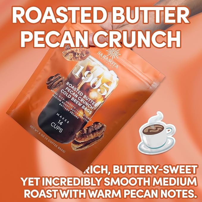 Sarasota Coffee 1905 Cold Brew Coffee Bags | Roasted Butter Pecan Crunch | Blonde-Medium Roast | Low Acid & Smooth | Ground Filter Packs | Cold Brew Kit Makes 14 Cups | Rich Nutty Notes