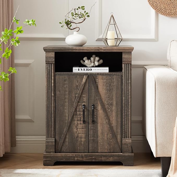 24" Farmhouse Storage Cabinet – Dark Rustic Oak Freestanding Buffet Sideboard with Barn Doors, Adjustable Shelf, Small Coffee Bar for Kitchen, Bathroom & Living Room