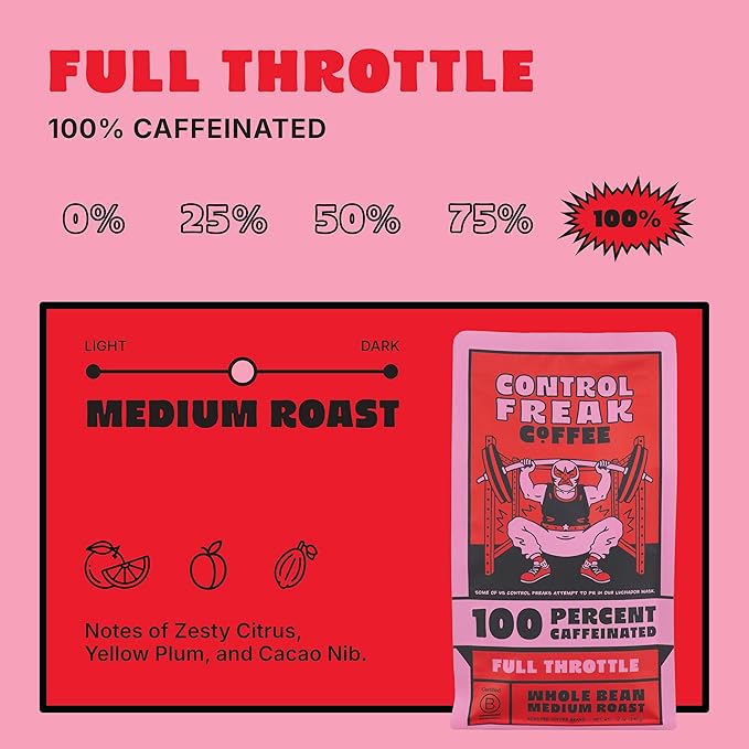 Control Freak Coffee Full Throttle - 100% Caffeine Whole Bean Coffee (12 Oz) | High Caffeine Strong Blend | Freshly Roasted Specialty Coffee Beans | Bold Flavor, Smooth Roast Balanced Espresso