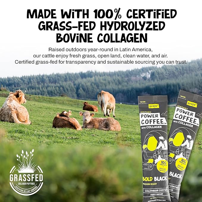 Projo* Power Coffee – Instant Coffee with 10g Protein - Grass-Fed Hydrolyzed Bovine Collagen & 225mg Caffeine – Organic, Unsweetened, Medium Roast – Bold Black – 12 Single-Serve Packets