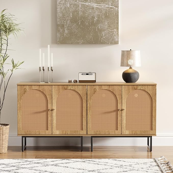 Sideboard Buffet Cabinet with Rattan Doors, Boho Storage Cabinet with Metal Legs, Wooden Accent Furniture for Dining/Living Room, Hallway, Entryway (Natural, 2 Doors)