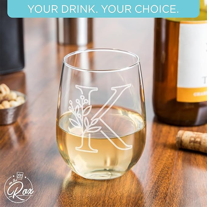 On The Rox Drinks Monogrammed Gifts For Women and Men - Letter A-Z Initial Engraved Monogram Stemless Wine Glass - 17 Oz Personalized Wine Gifts For Women and Men (K)