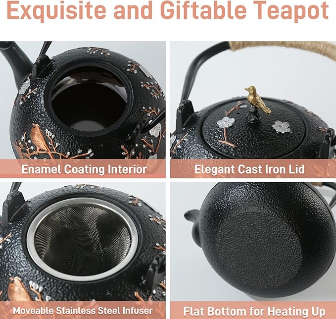Tea Set Tea Kettle Japanese Style Beautiful Black Cast Iron Teapot Set with 4 Cups,1 Trivet and 1 Lid Holder,40.6oz Teapot with Infuser for Stove Top Safe