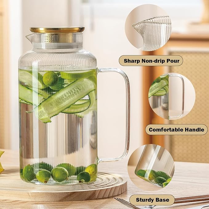 2 PACK Glass Pitcher with Lid And Handle, 84oz/2.5L Liter Classic Vertical Stripes Fridge Water Pitcher,Glass Water Carafe for Coffee, Lemonade, Iced Tea,Sun Tea, Beverage, Heat Resistant