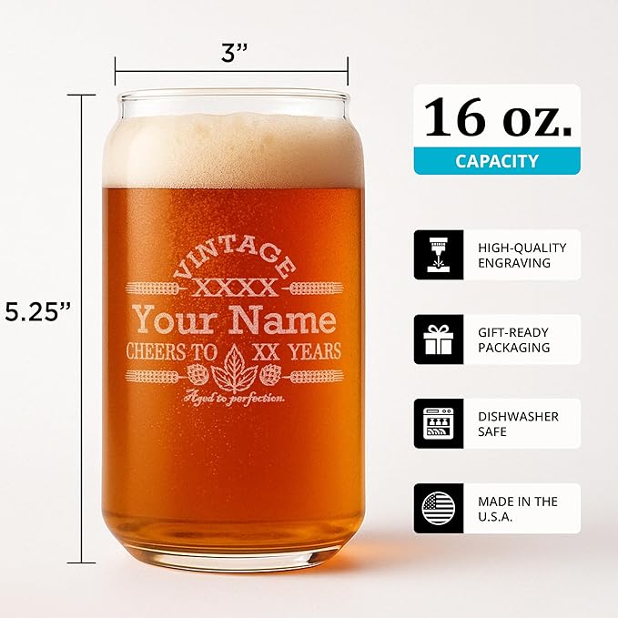 On The Rox Drinks Customized Beer Can Glass - Personalized Birthday Gift - Engraved Vintage Cheers - Aged To PERFECTION - Etched Beer Glass - Barware (1)