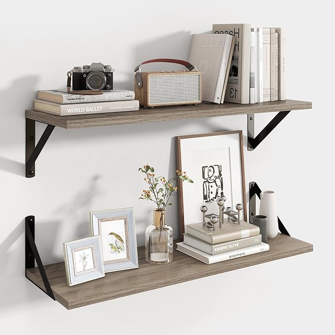 Axeman Floating Shelves for Wall 24 Inch | 24W x 8D Rustic Grey Floating Shelves Set of 2 | 8 Inch Deep Wall Shelves for Bathroom Kitchen Living Room | Bookshelf Display Shelves