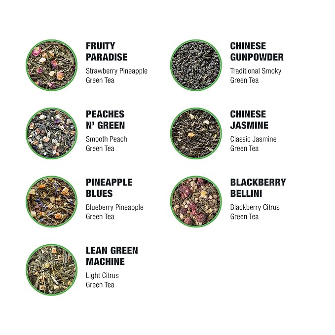 Tiesta Tea - 7 Green Teas Dry Flight Sampler, Loose Leaf, Medium Caffeine Hot & Iced Tea, Premium Green Tea Blends, 7 Resealable Sample Pouches