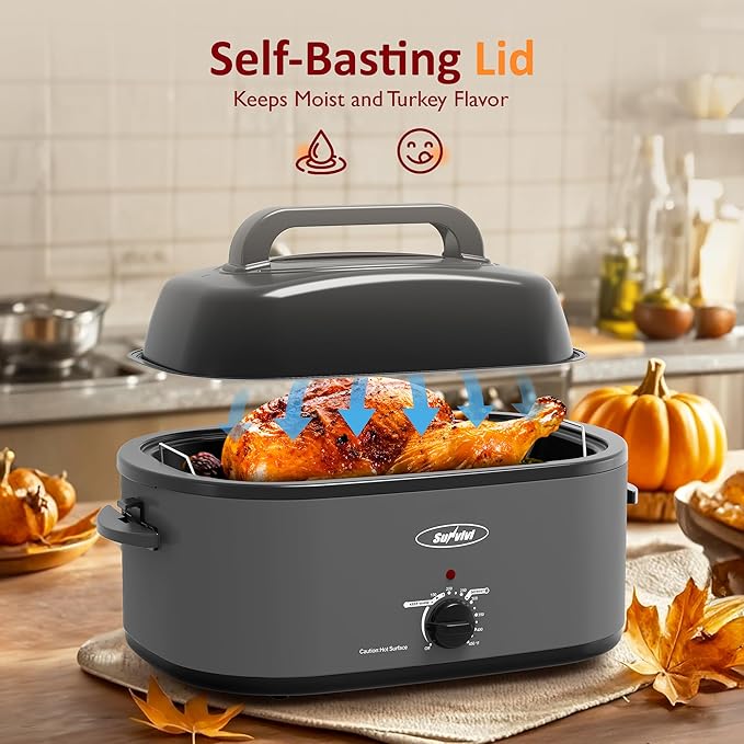 Sunvivi Electric Roaster,26 Quart Roasting Oven with Self-Basting Lid Removable Pan,Turkey Roaster Oven with 150 to 450F Temperature Control Cool-Touch Handles, Grey