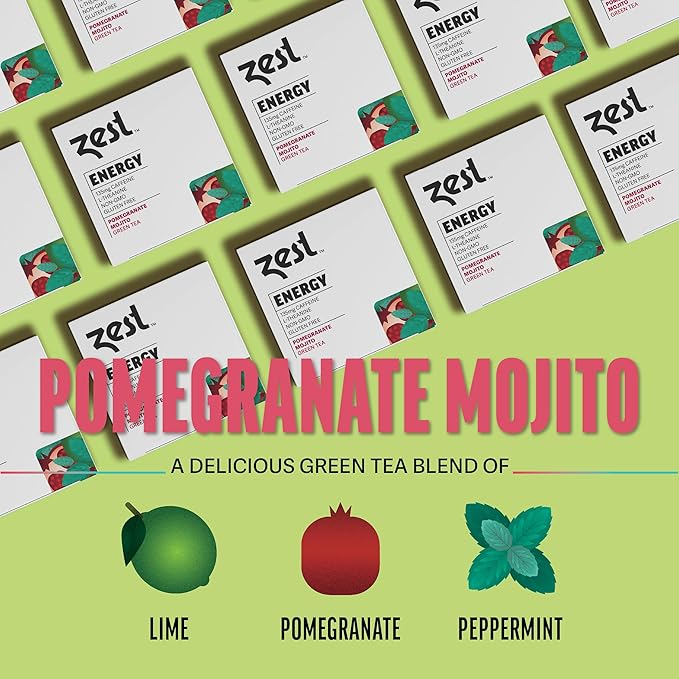 Zest Energy Green Tea – Pomegranate Mojito High Caffeine Tea Bags for Focus & Morning Energy – Natural Caffeinated Tea with 135mg Caffeine – Coffee Substitute – 15Ct Box, Non-GMO & Keto Friendly
