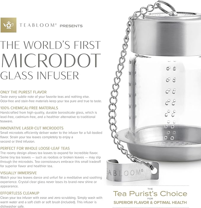 Teabloom Elegant Non-Toxic Loose Tea Glass Infuser – Perfect for Whole-Leaf White, Green, Oolong, Black & Herbal Teas – Lead-Free – Small or Large Size