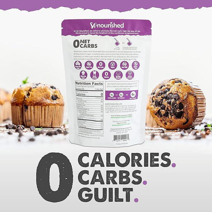 So Nourished Powdered Monk Fruit Sweetener with Erythritol, 1:1 Sugar Substitute, Keto, 0 Calorie, 0 Net Carb, Non-GMO (1 Pound)