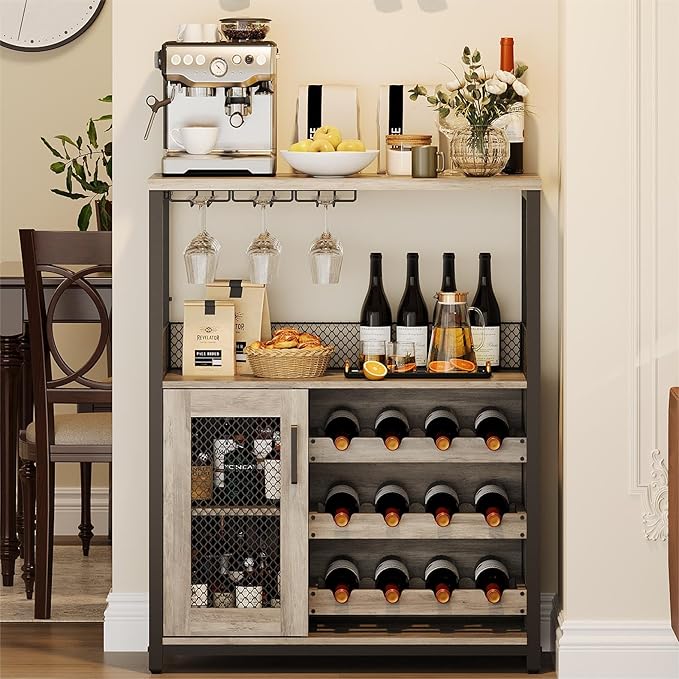 Vintage 3-Tier Wine Bar Cabinet with Adjustable Shelves, Glass Holders, Mesh Door, Small Buffet Sideboard Liquor & Coffee Bar Cabinet for Kitchen, Dining Room, Living Room