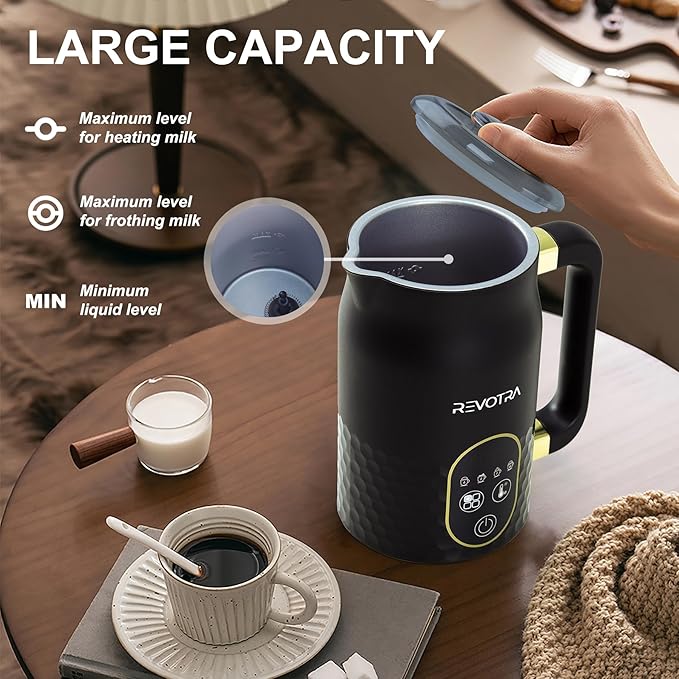 Milk Frother with LED Touchscreen & Temp Display, 4-in-1 Electric Milk Steamer for Hot & Cold Foam, Adjustable Temperature, Silent Frothing, Non-Stick Coating for Coffee, Latte, Hot Chocolate