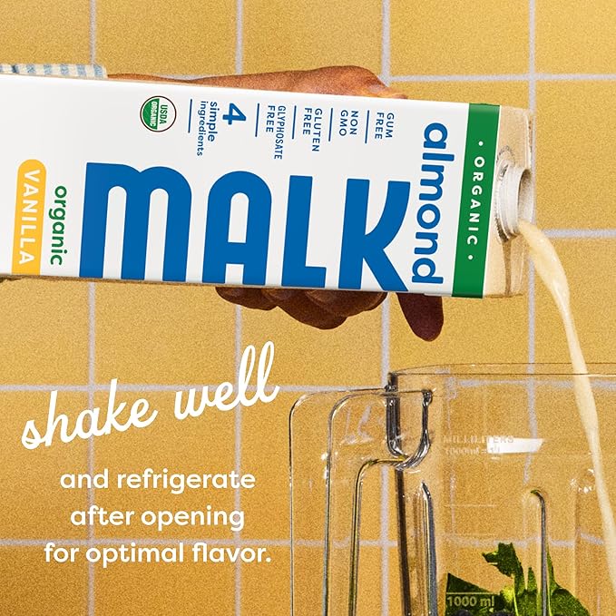 MALK Almond Milk Unsweetened Vanilla (32oz, Pack of 6) - Shelf Stable Organic Almond Milk Vanilla, Non GMO, Whole 30, Dairy Free, Vegan, Plant Based, No Gums or Fillers - Lattes Cereal Coffee Creamer