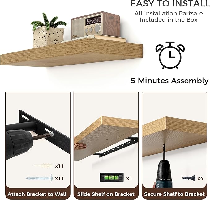 Floating Shelves for Wall, Engineered Wood Wall Shelves with Invisible Brackets for Living Room Bedroom Bathroom Office Kitchen Decor and Storage (Oak, 55" W x 9" D x 1.5" H) Set of 1