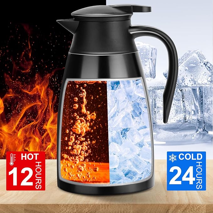PARACITY Coffee Carafes for Keeping Hot, 18/8 Carafe for Hot Liquids, Double Wall Vacuum Insulated Thermal Coffee Carafe, 51 OZ Coffee Carafes for Keeping Hot Coffee& Tea with Cleaner Brush (Black)