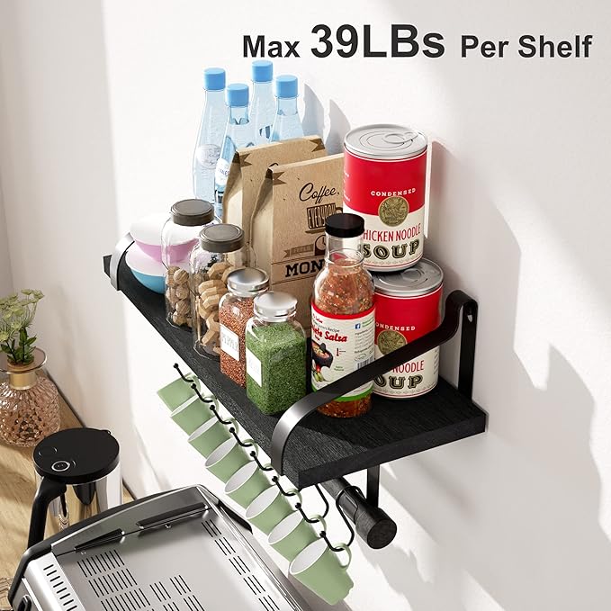 Love-KANKEI Floating Shelves for Coffee Bar,Bathroom Shelves with Towel Bar, Wall Shelves with 8 Hooks for Kitchen, Storage Shelf Set of 2 for Bedroom,Living Room，17.3 Inch Black