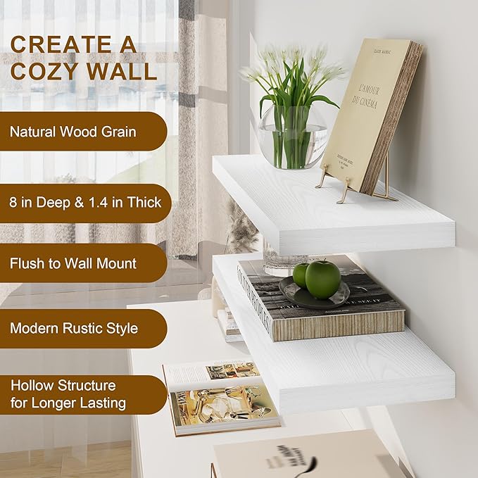 Fun Memories White Floating Shelves, 8 Inch Deep Wall Shelves Set of 2, Rustic Deep Shelves for Wall Storage, 24 x 8 Floating Shelves, 8" White Shelf for Bedroom, Living Room, Kitchen