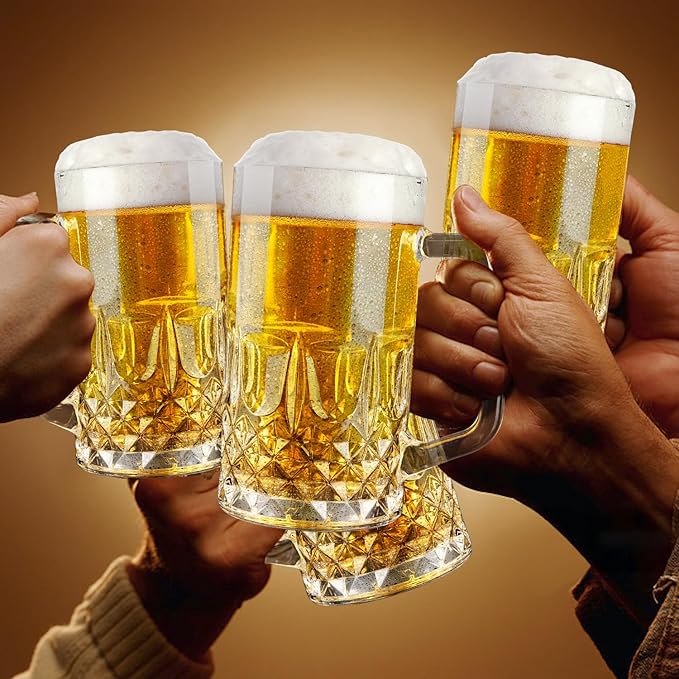Beer Mug Set of 2, 22oz Crystal Beer Glasses with Handle, Glass Beer Mugs for Freezer, Gifts for Men