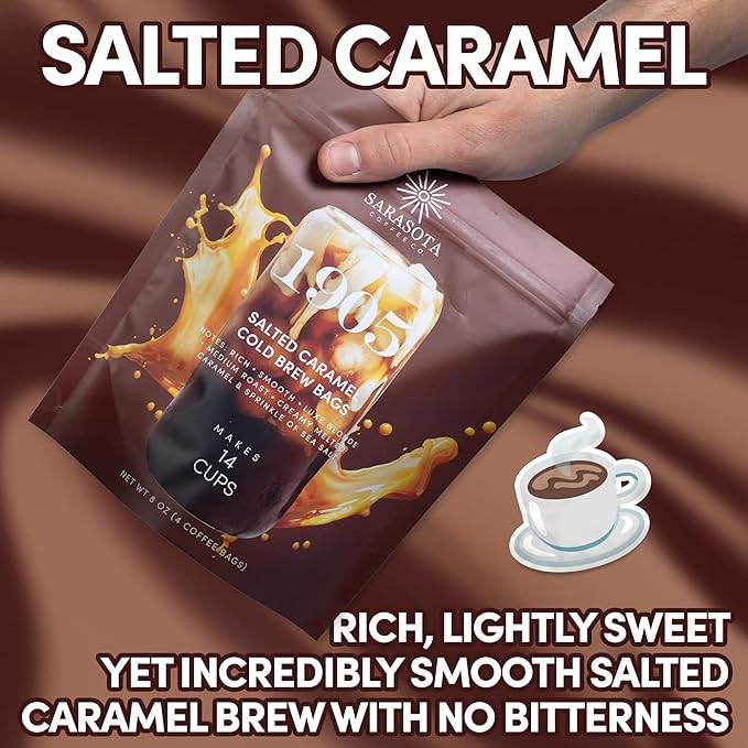 Sarasota Coffee 1905 Cold Brew Coffee Bags | Salted Caramel | Blonde-Medium Roast | Smooth & Low Acid | Ground Filter Packs | Cold Brew Kit Makes 14 Cups | Creamy Caramel & Sea Salt Notes
