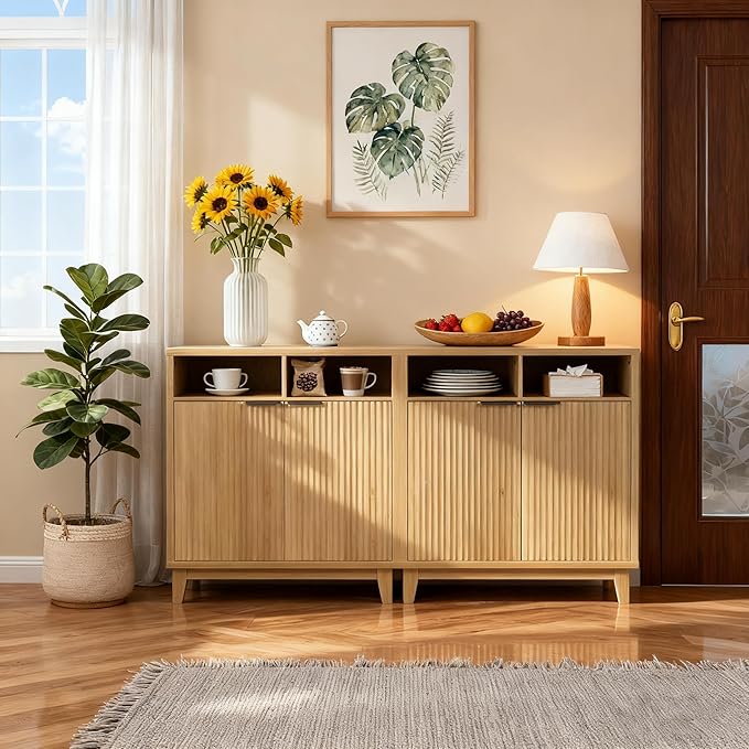 Modern Buffet Cabinet with Fluted Doors, Solid Wood Legs & Thickened Top, 31.5" Multi-Functional Storage Sideboard for Kitchen, Dining Room, Hallway (Natural Wood, 1 PCS)