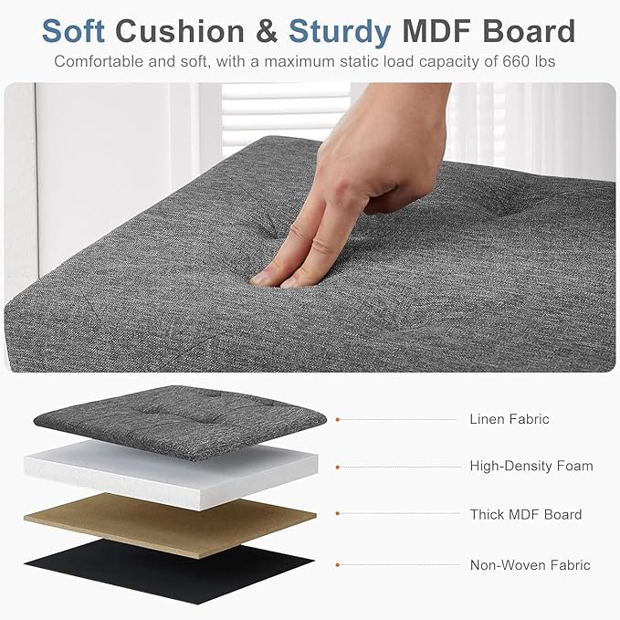 DUMOS 43in Foldable Storage Ottoman Bench, Storage Chest, End of Bed Foot Rest Stool with Padded Seat, Bedroom Bench for Living Room, Support 660lbs, Grey