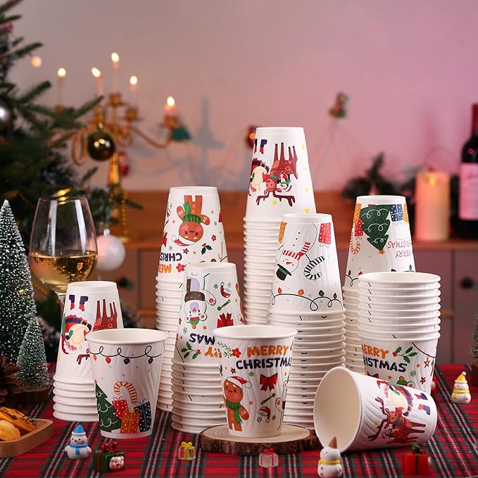 Christmas Coffee Cups 12 oz 120 Pack Corrugated Insulated Ripple Wall Disposable Paper Coffee Cups 12oz, To Go for Hot Beverage or Cold Drinks Office/Home/Cafe/Party/Travel