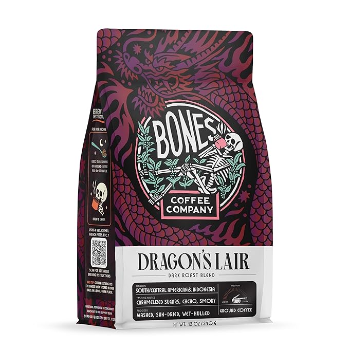 Bones Coffee Company Dragon's Lair, Smokey, Cacao and Caramelized Sugar Notes, Unflavored Coffee, Medium Roast Low Acid Arabica Beans Compatible with Auto drip and French Press Coffee Maker, 12 Oz Ground